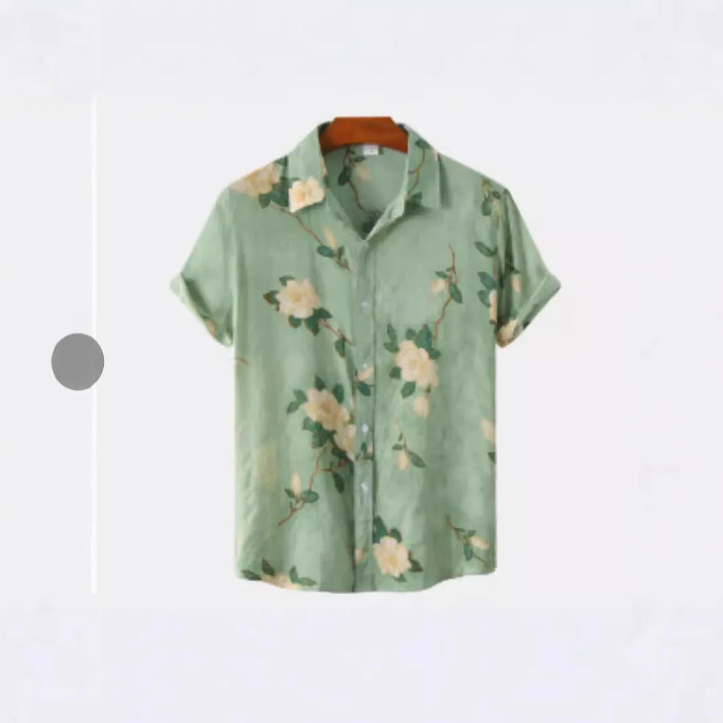 Hawaiian print lapel short sleeve shirt cardigan with digital printed floral pattern in street fashion style