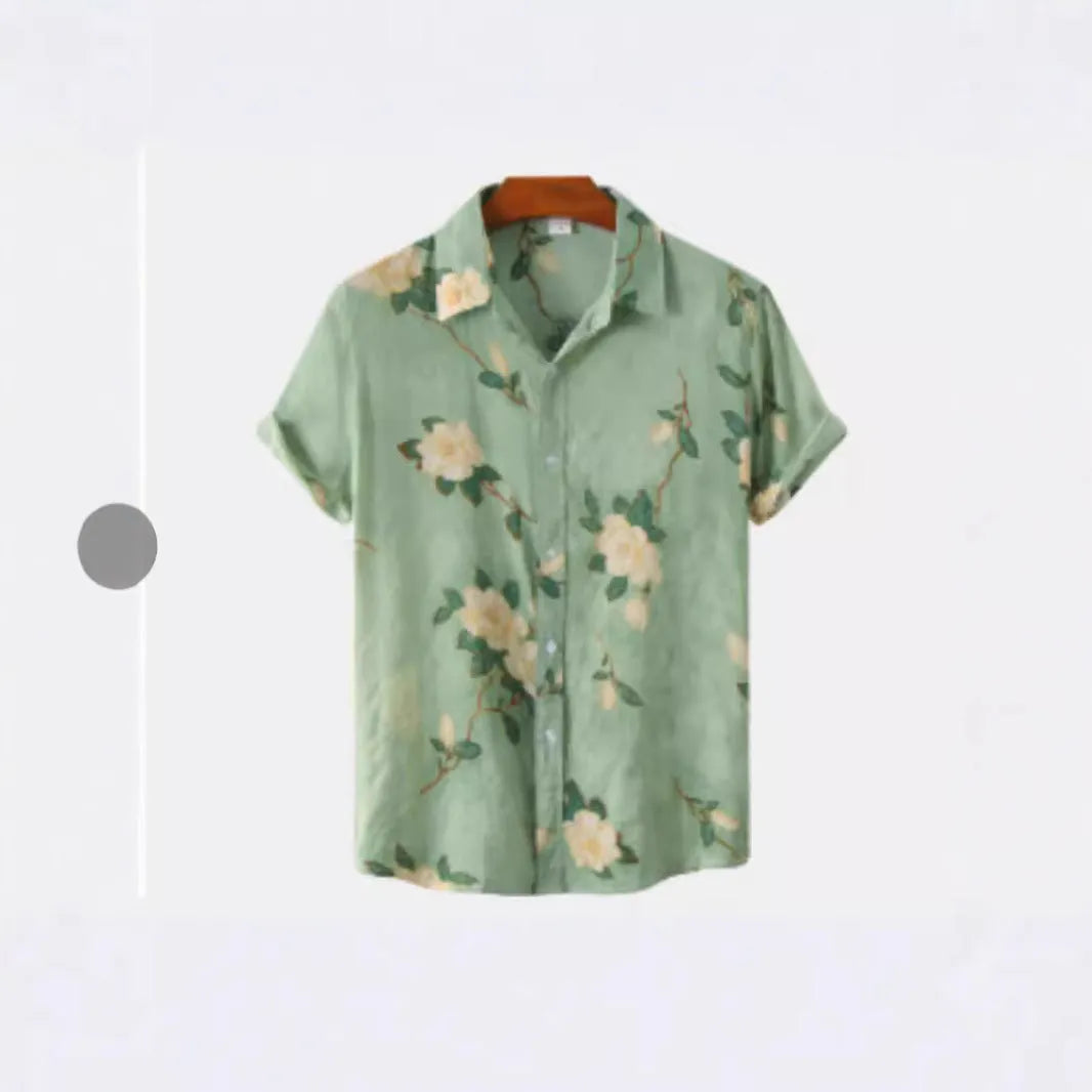 Hawaiian print lapel short sleeve shirt cardigan with digital printed floral pattern in street fashion style