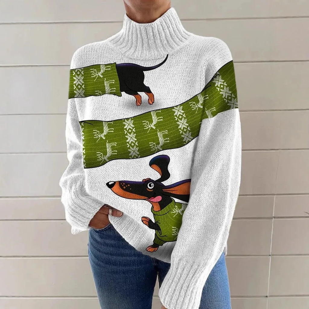 Women's loose-fit Christmas printed turtleneck sweater in macaron colour on a hanger.