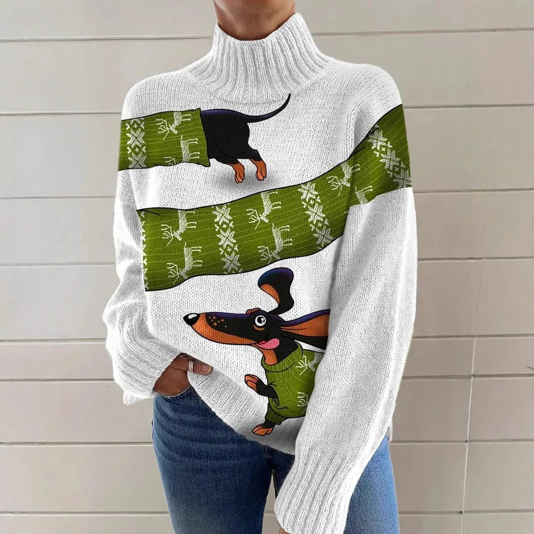Women's loose-fit Christmas printed turtleneck sweater in macaron colour on a hanger.