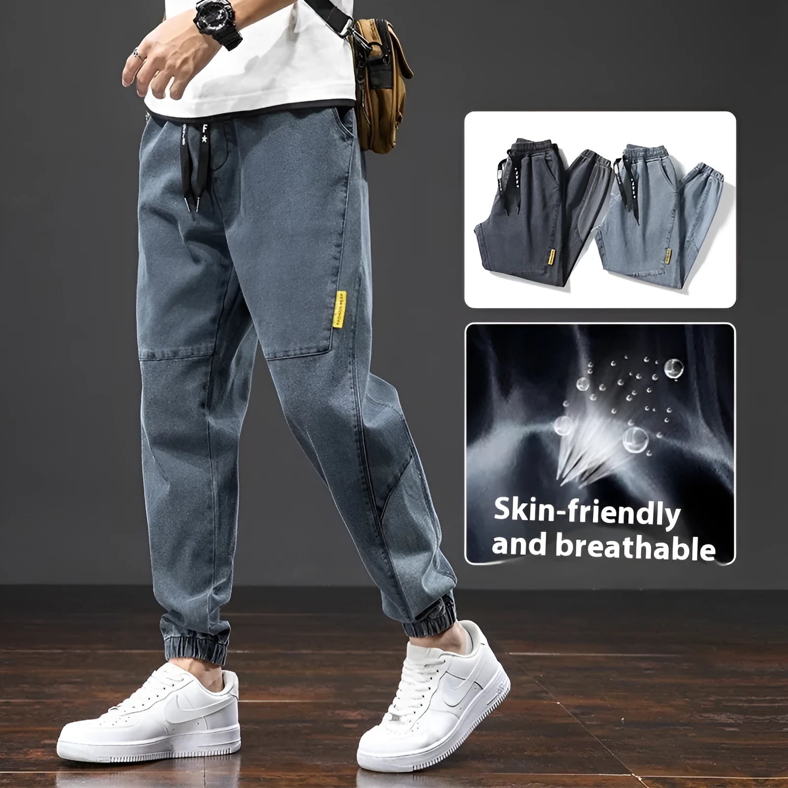 Man wearing grey-blue straight leg cargo jeans with micro elasticity and cargo pockets.