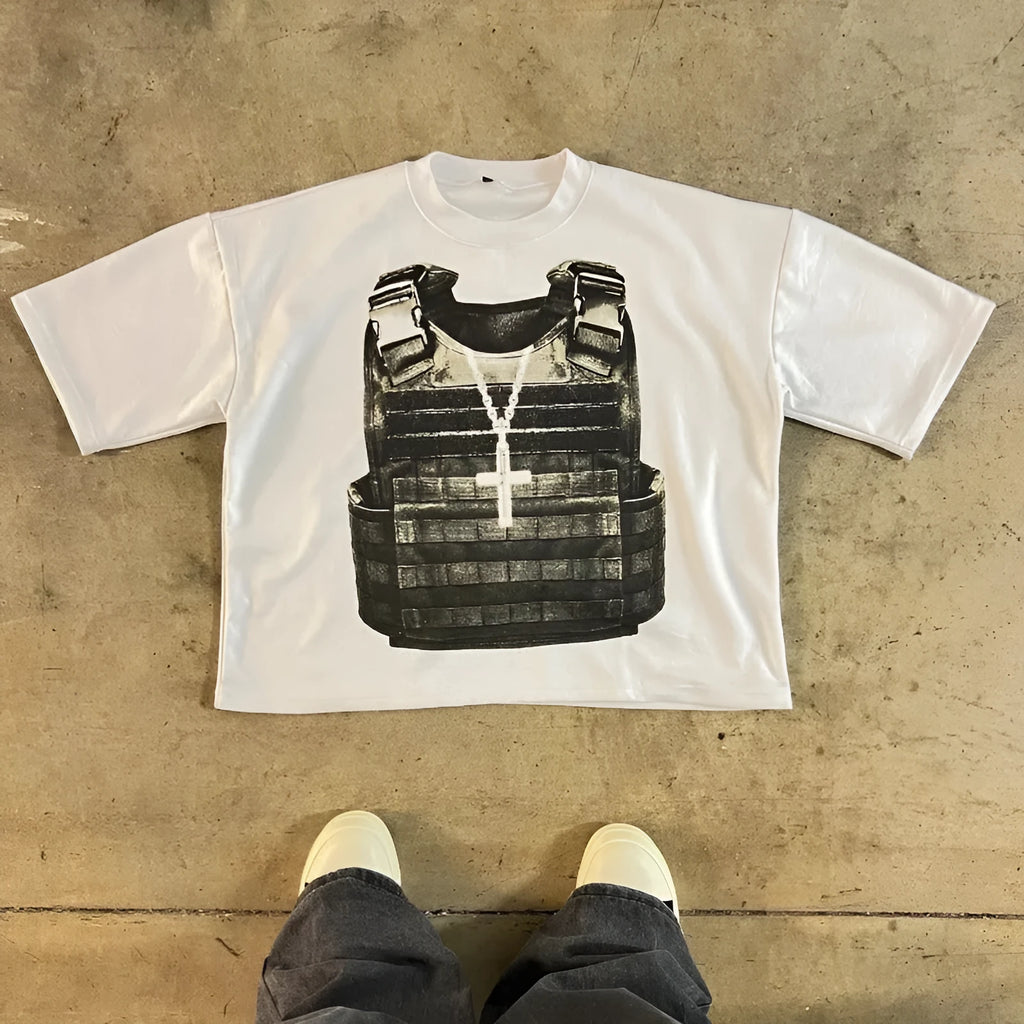 Printed cotton short sleeve retro street style t-shirt with drop-shoulder design in multiple colour options