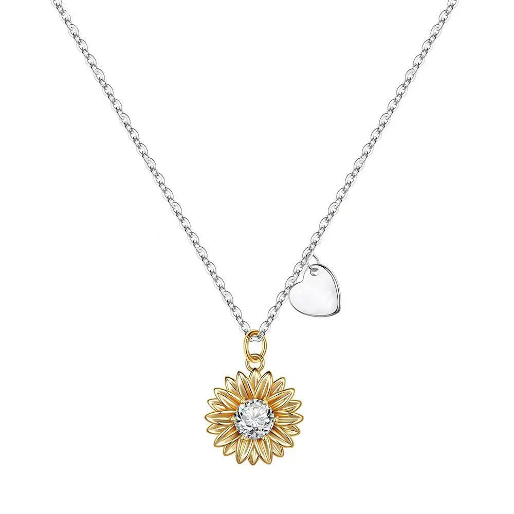 Women's sunflower pendant necklace in 925 silver with geometric daisy design and cross chain