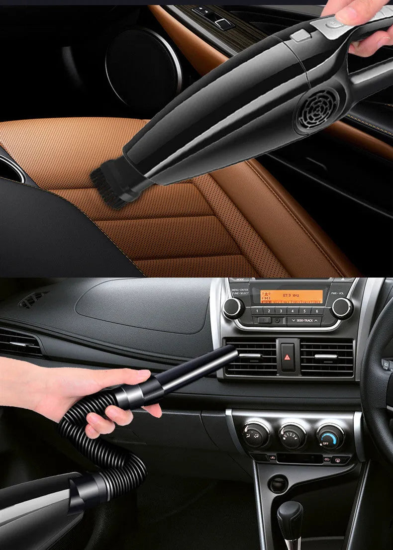 Black and orange Hypa car vacuum cleaner with cigarette lighter plug, showing compact size.