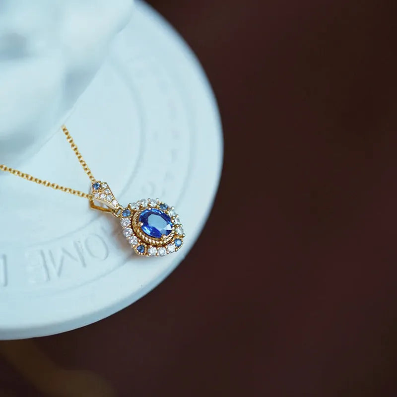 Women's yellow gold copper necklace with mixed gem pendant on box chain, adjustable 21-50cm length