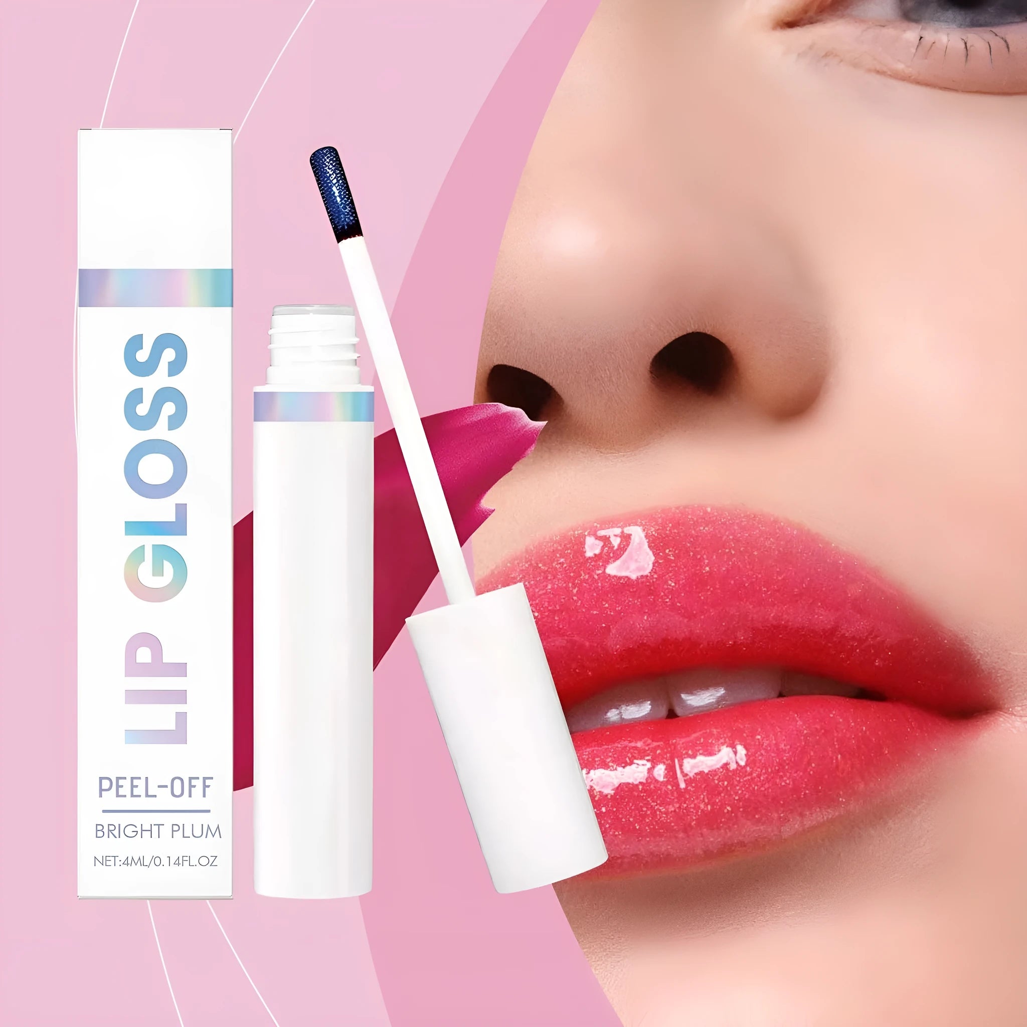 Moisturising glossy lip gloss in bright plum shade with 4ml tube and compact dimensions
