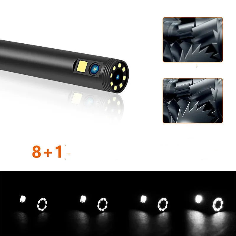 Wireless dual lens endoscope with 5.5mm and 8mm probe diameter options showing magnet and hook accessories