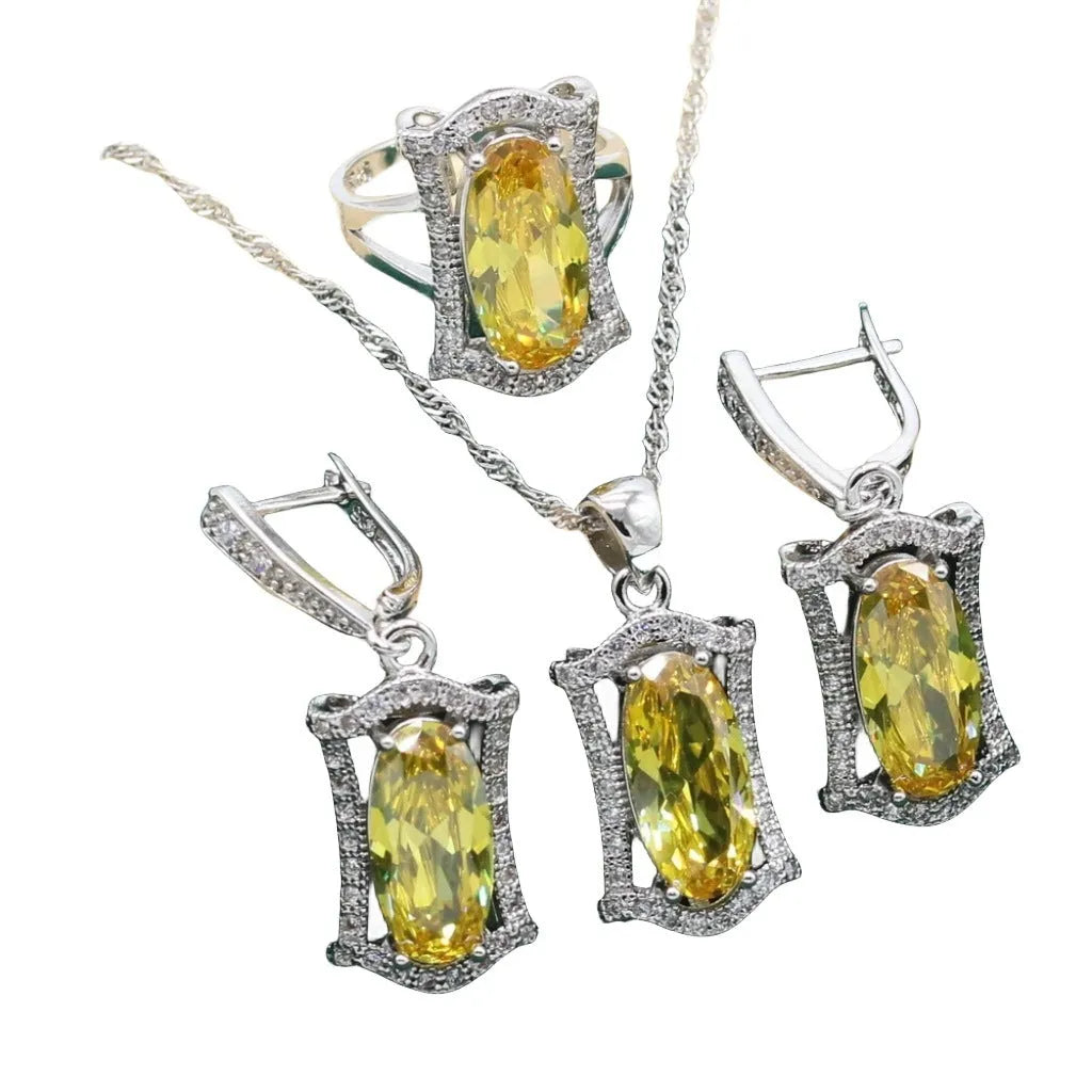 Women's zircon jewellery set with necklace, earrings, ring and bracelet in anti-allergy alloy