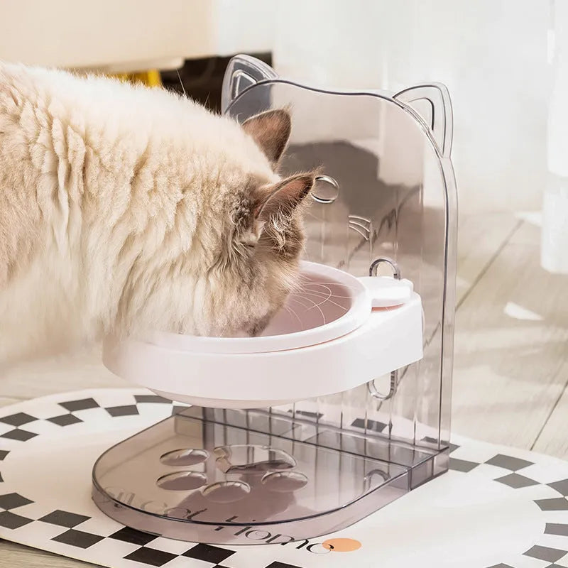 Grey pet feeding bowl with cat ear design and removable hanging cage attachment