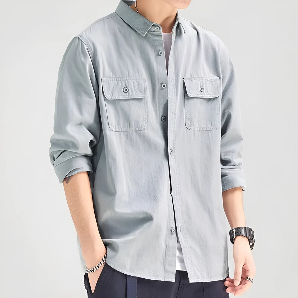 Men's loose-fitting long sleeve cardigan shirt in lightweight polyester fabric
