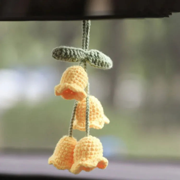 Green and white knitted wool succulent car ornament with 8cm base and hanging cord