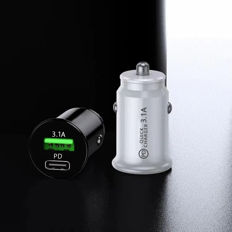 Black and white dual-port car charger with USB-A and USB-C ports for 12V vehicle sockets