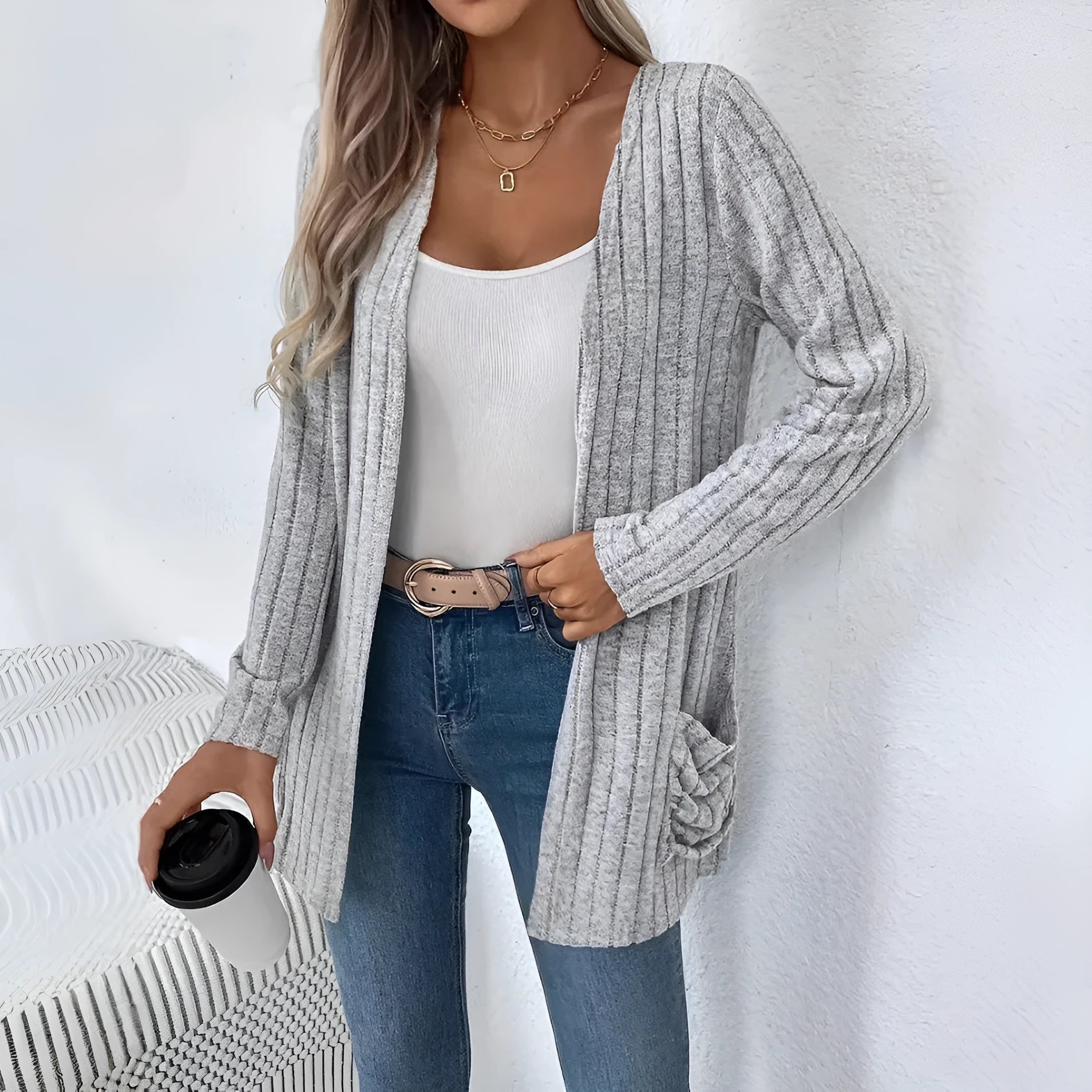 Solid colour long sleeve loose fit cardigan in black or grandmother grey colours