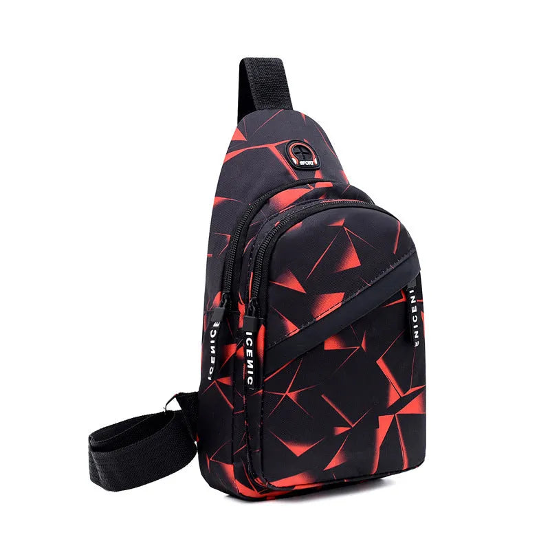 Men's crossbody messenger bag with earphone hole in Oxford cloth, showing zipper opening and shoulder strap