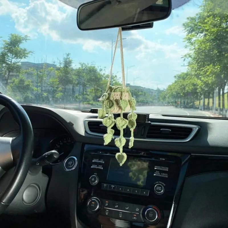 Green and white knitted wool succulent car ornament with 8cm base and hanging cord