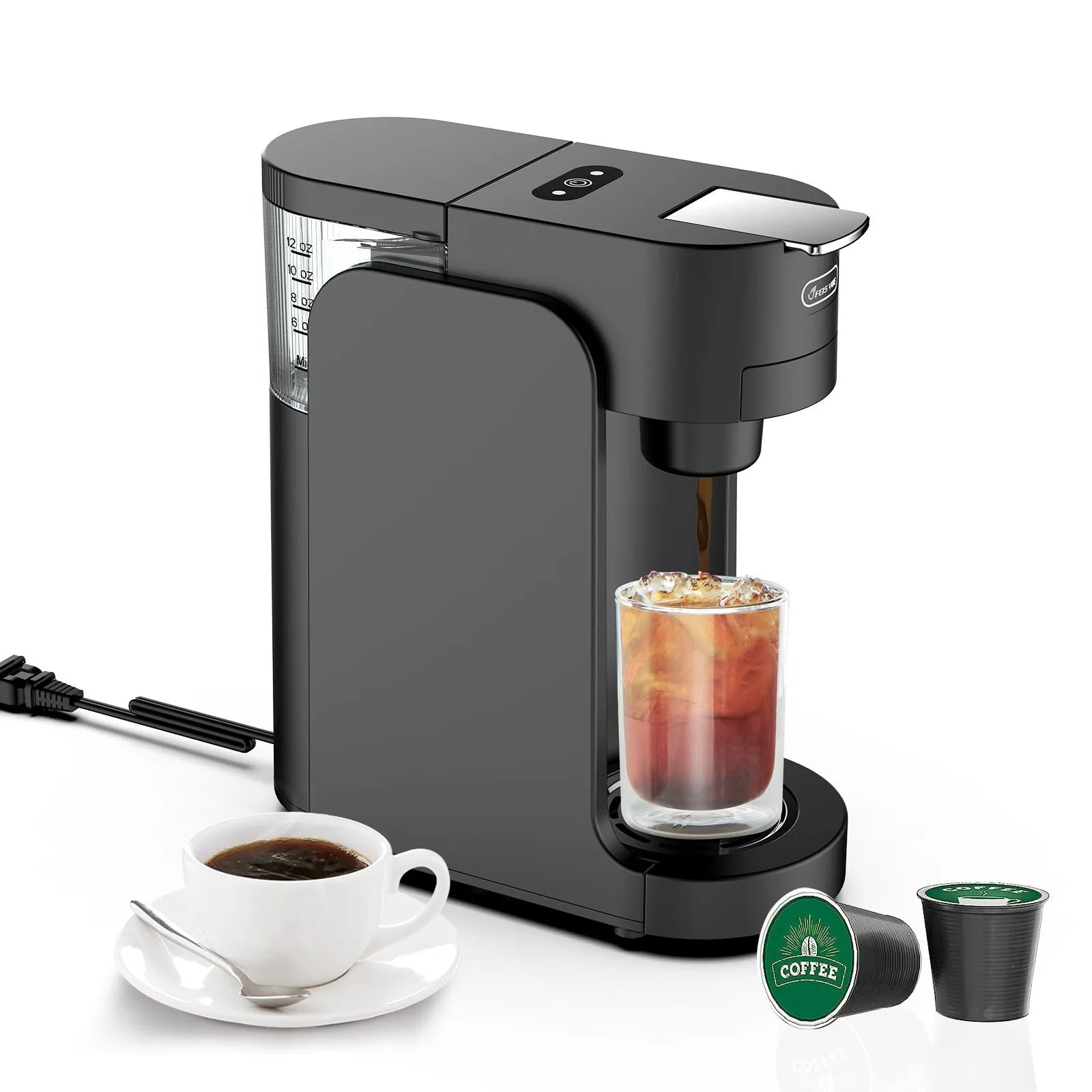 Black and white capsule coffee machine with adjustable water tray and transparent water tank