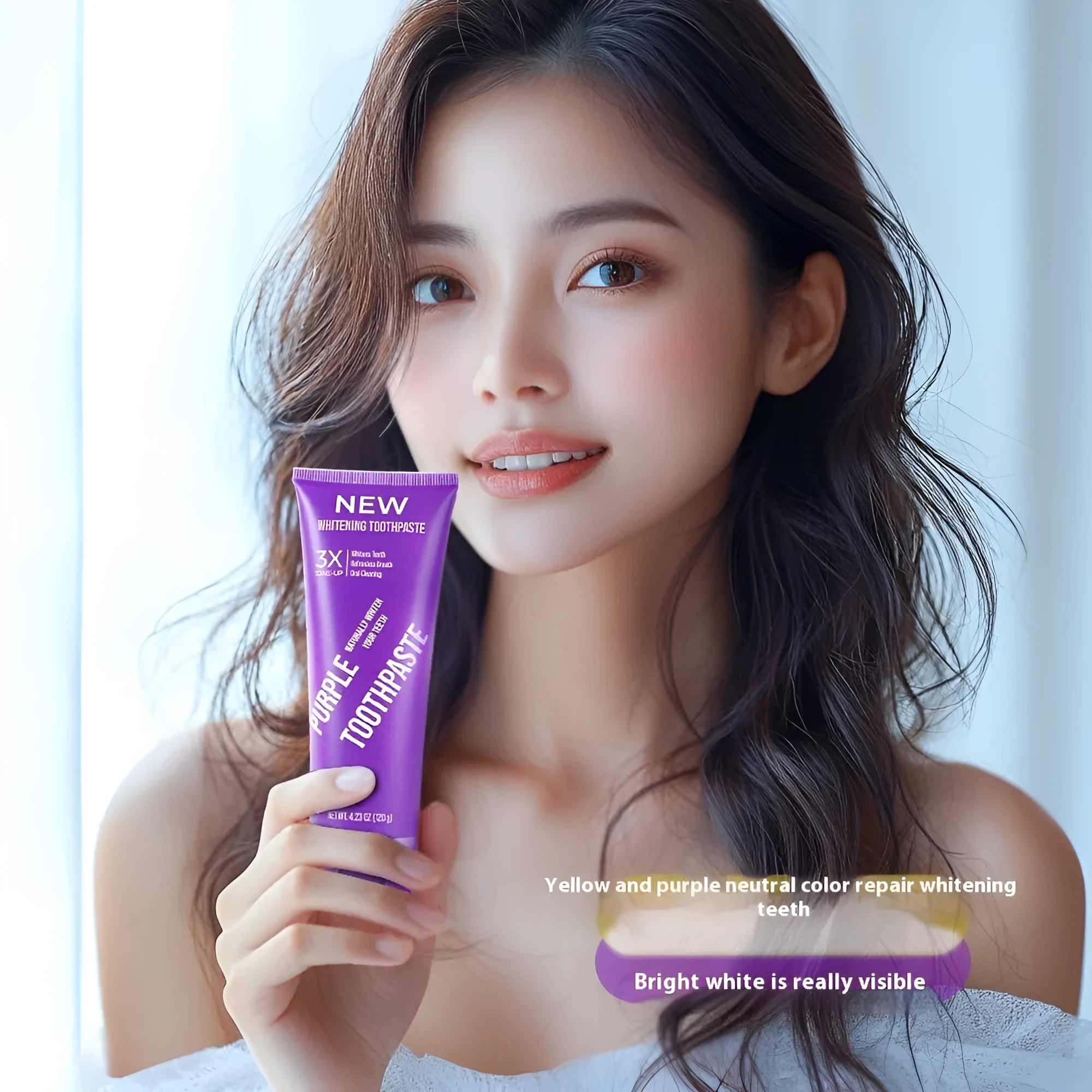 Purple whitening toothpaste tube for adults to remove yellow teeth stains in 120g and 65g sizes