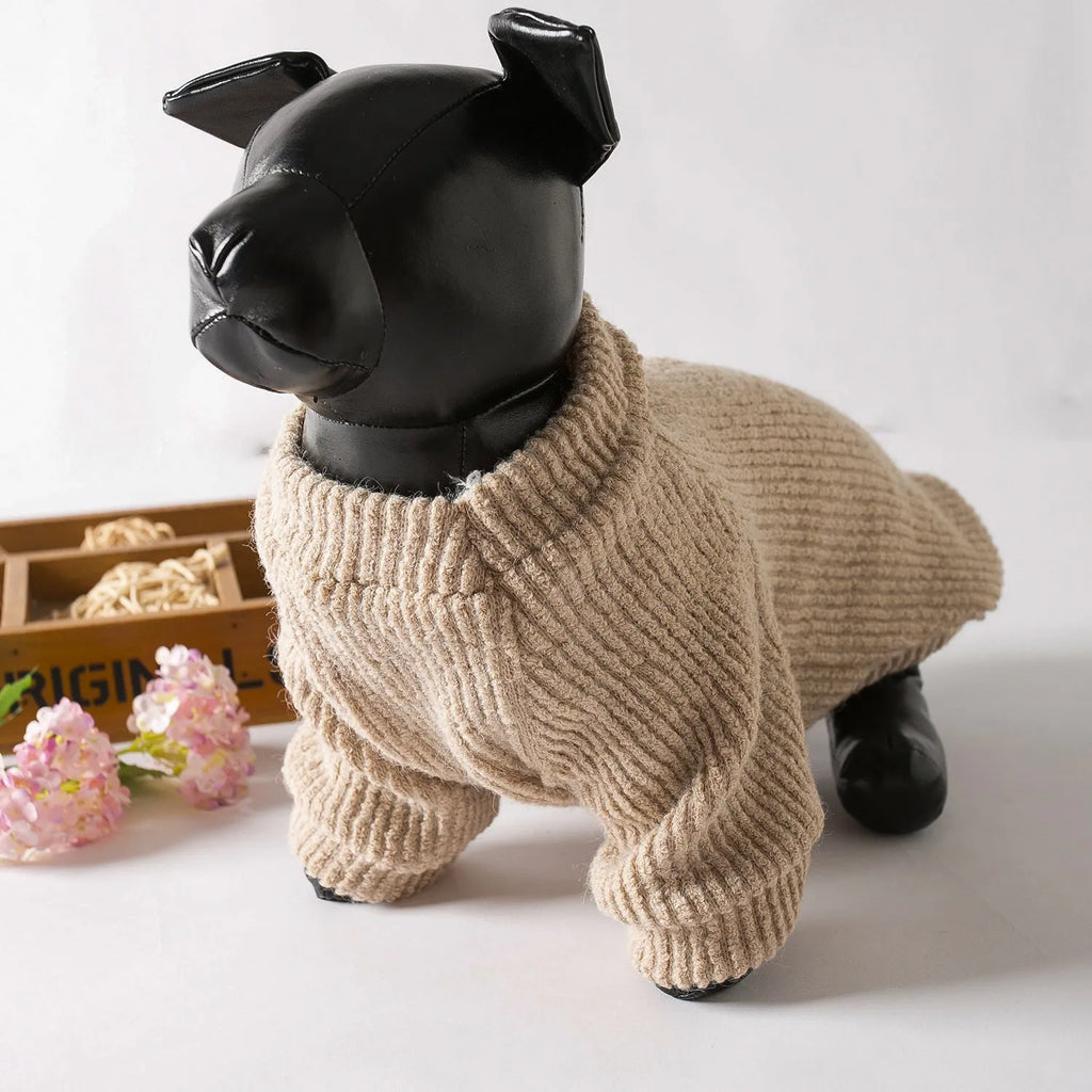 Brown cloth dog sweater pullover for small breeds on size chart showing XS to XL