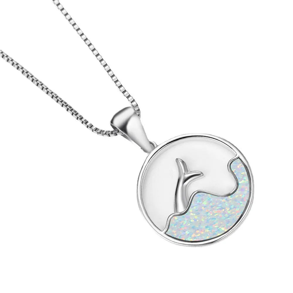 Copper electroplated fishtail necklace with round genuine opal pendant in blue or white colour