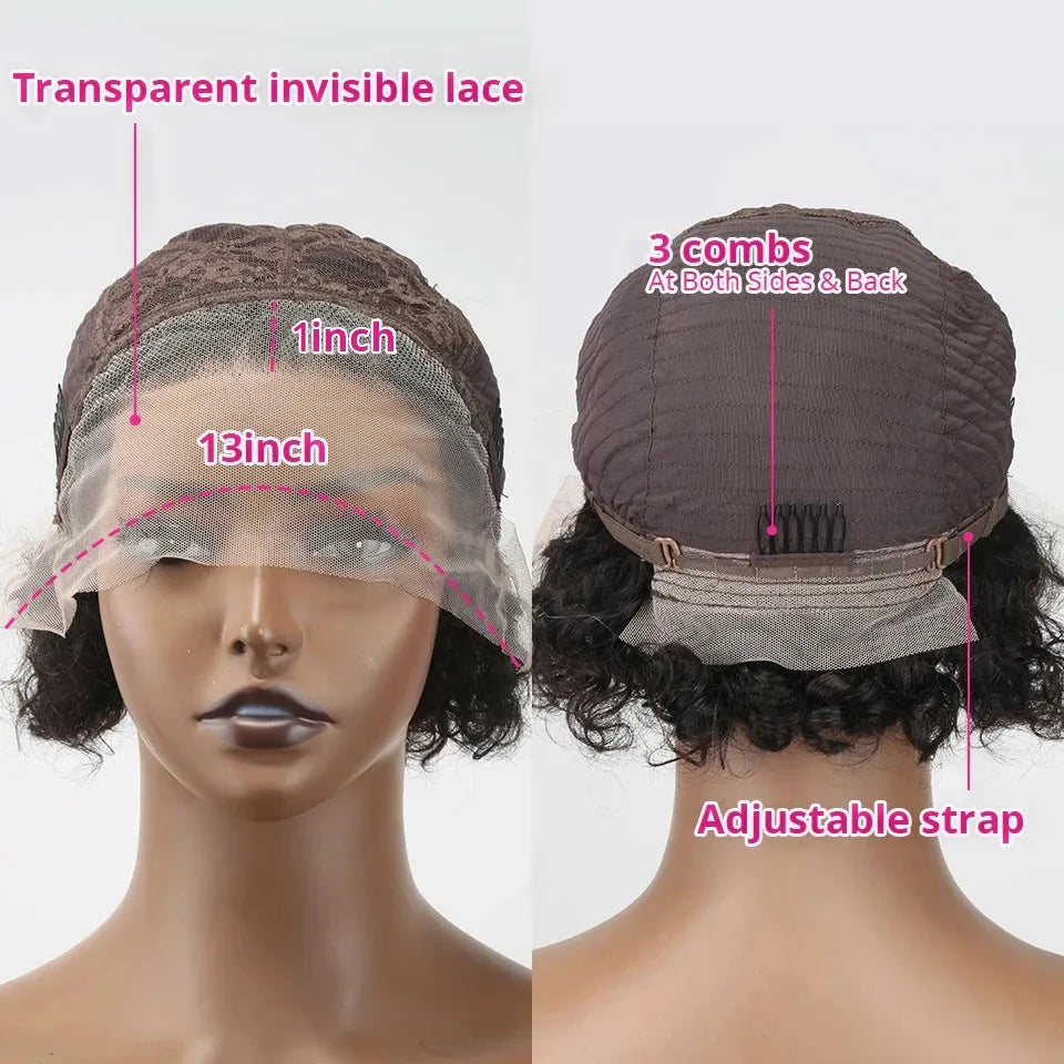 Black human hair lace cover pixie wig natural style 13x1 colour