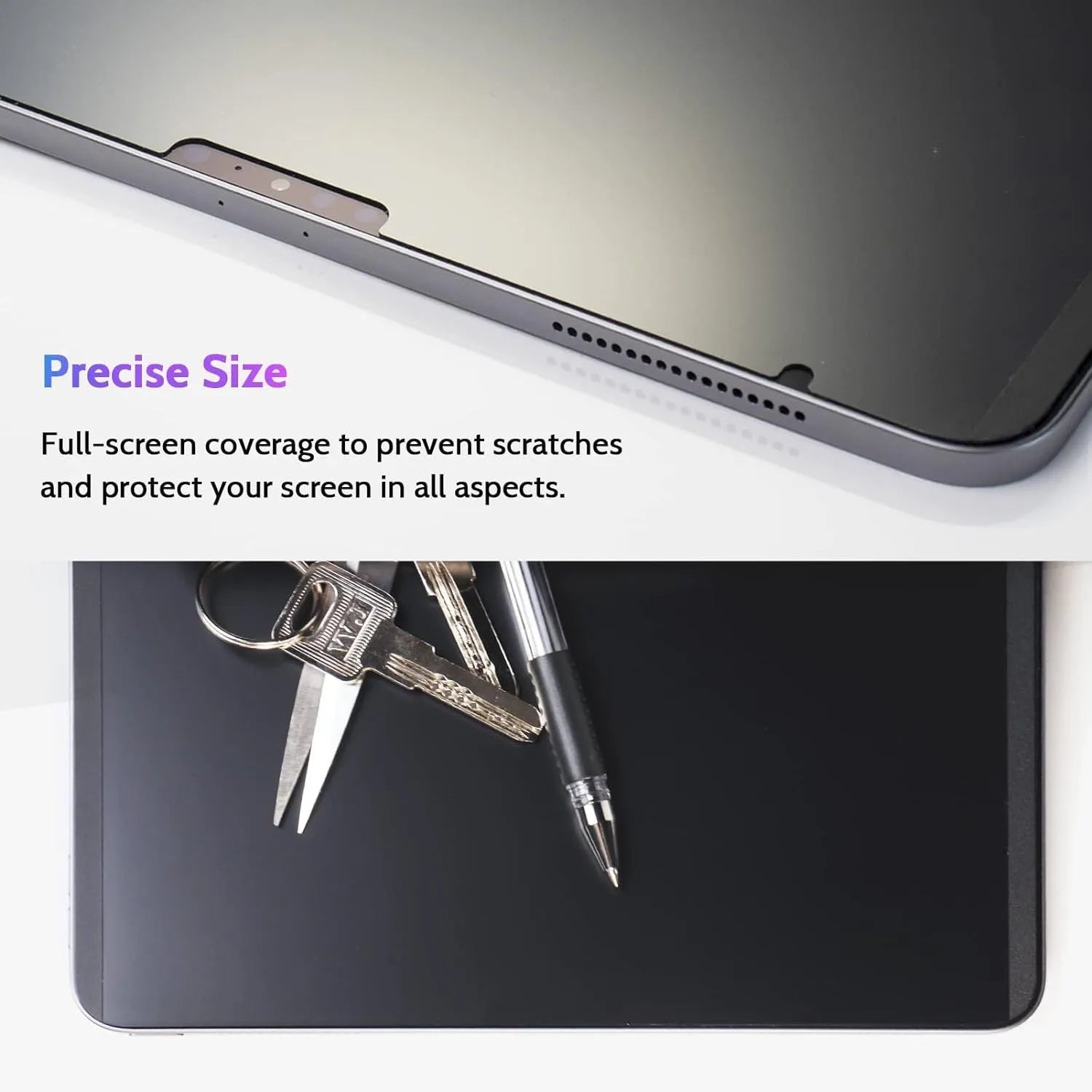 Magnetic iPad privacy screen protector with storage clip shown next to iPad tablet