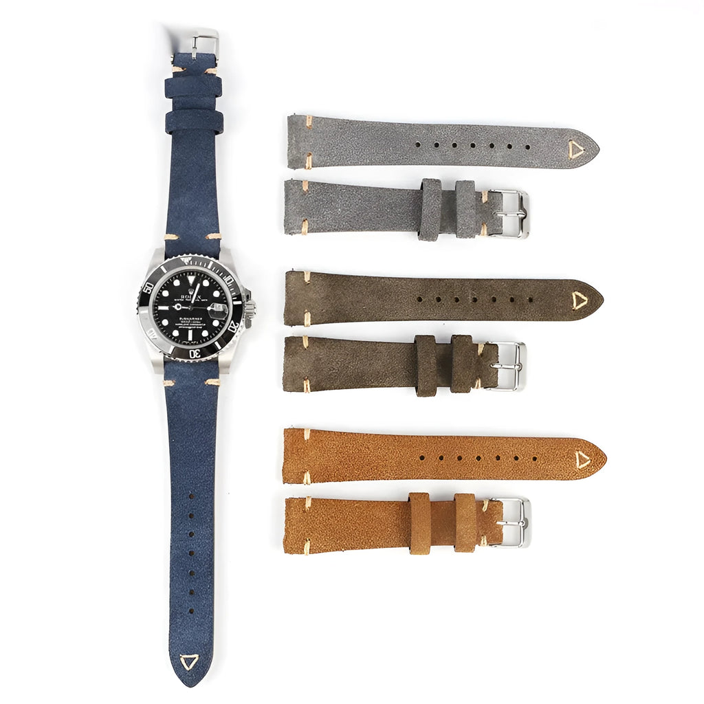 Suede genuine leather watch strap in brown, blue, gray, and Army Green colours for 20mm and 22mm watches