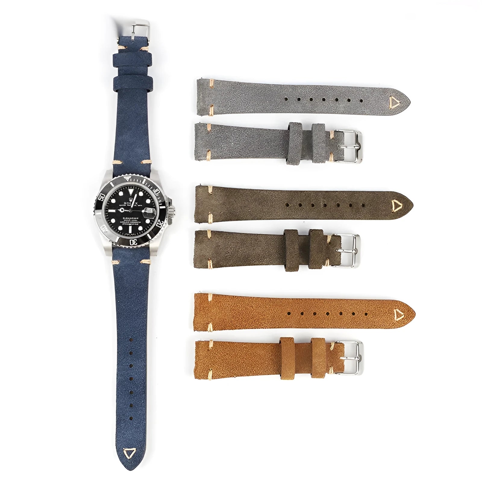 Suede genuine leather watch strap in brown, blue, gray, and Army Green colours for 20mm and 22mm watches
