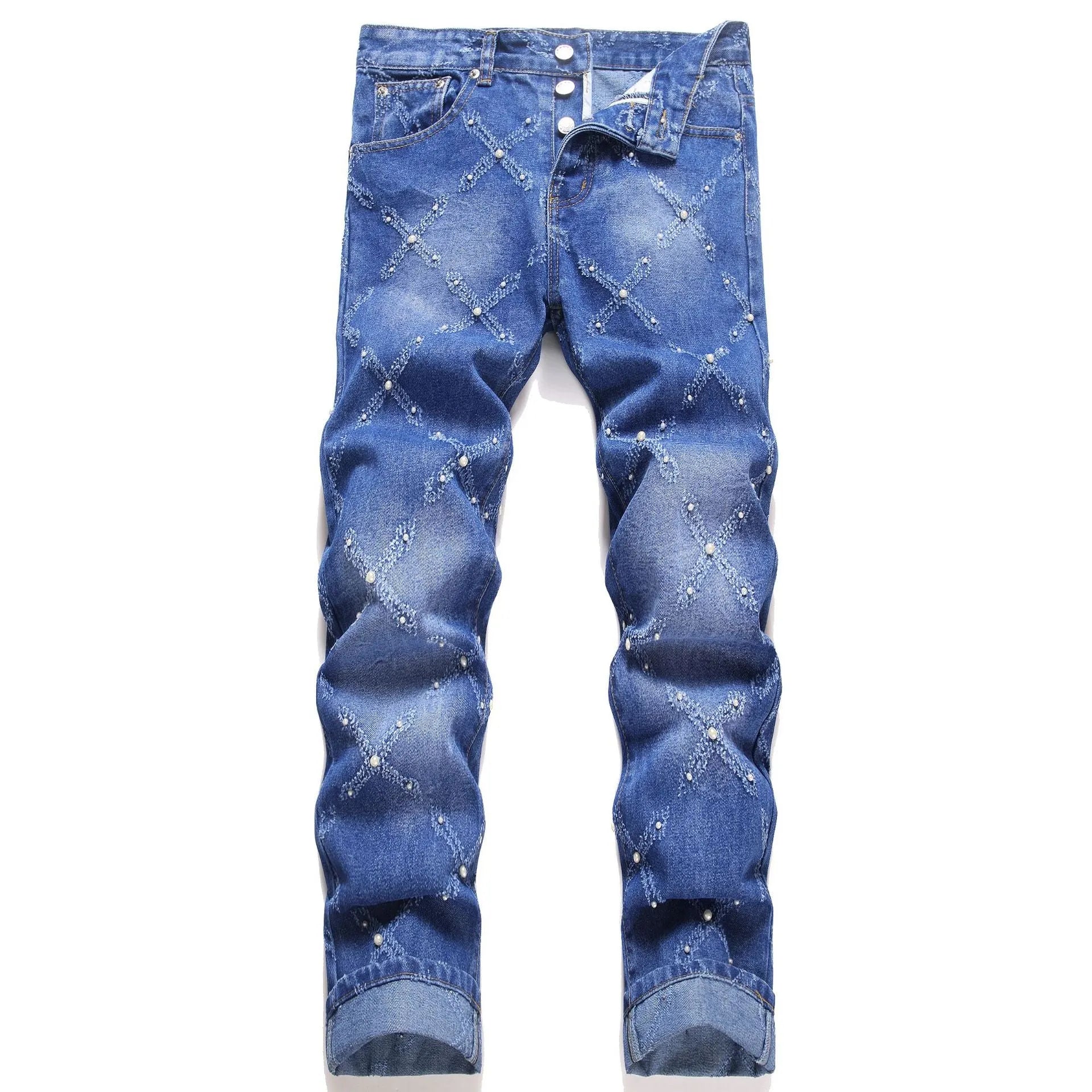 Pearl embroidery street trendy denim skinny pants in blue with mid-rise tapered leg and embroidered pearl details.
