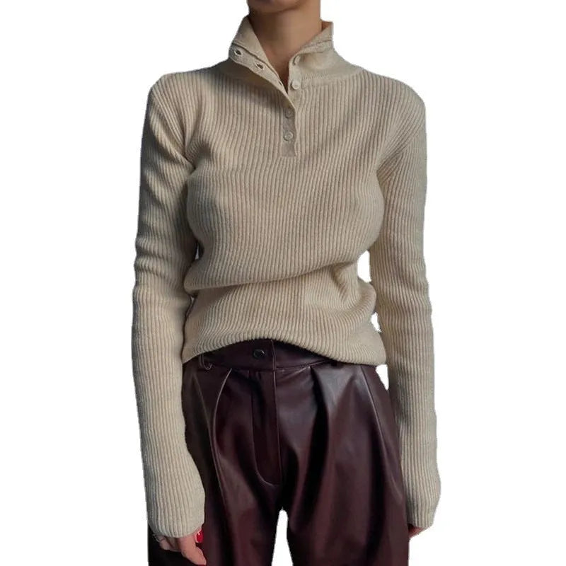 Silver grey retro half-turtleneck single-breasted pullover sweater on a model, slim fit.