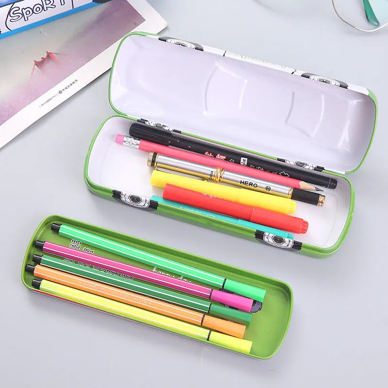 Tinplate double-layer racing car shaped stationery box with cartoon pattern on metal surface