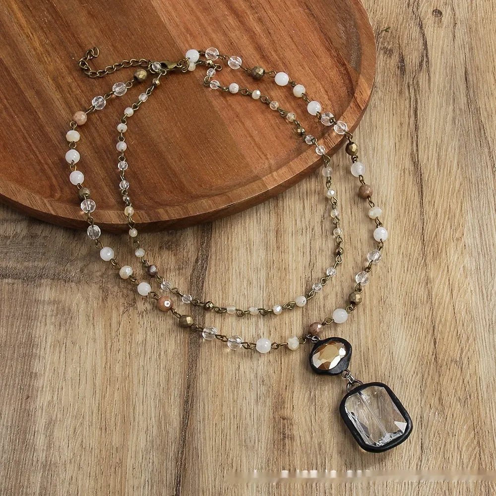 Two-layer tribal necklace with stone and glass pendant on adjustable alloy chain