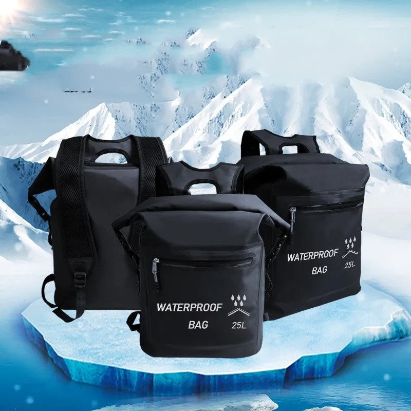 Black 25L outdoor waterproof backpack with 500D mesh clip for swimming and rafting