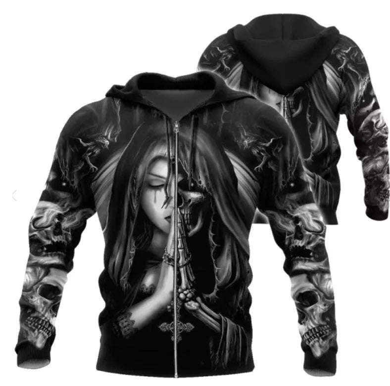 A hooded sweatshirt with a detailed Halloween-themed anime 3D printed skull design on the front.