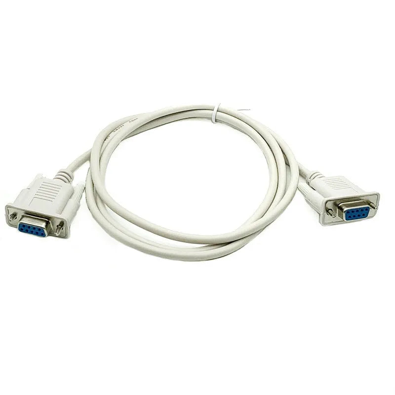Close-up of a milky white DB9 female to female RS232 serial port cable, 1.5 metres long.