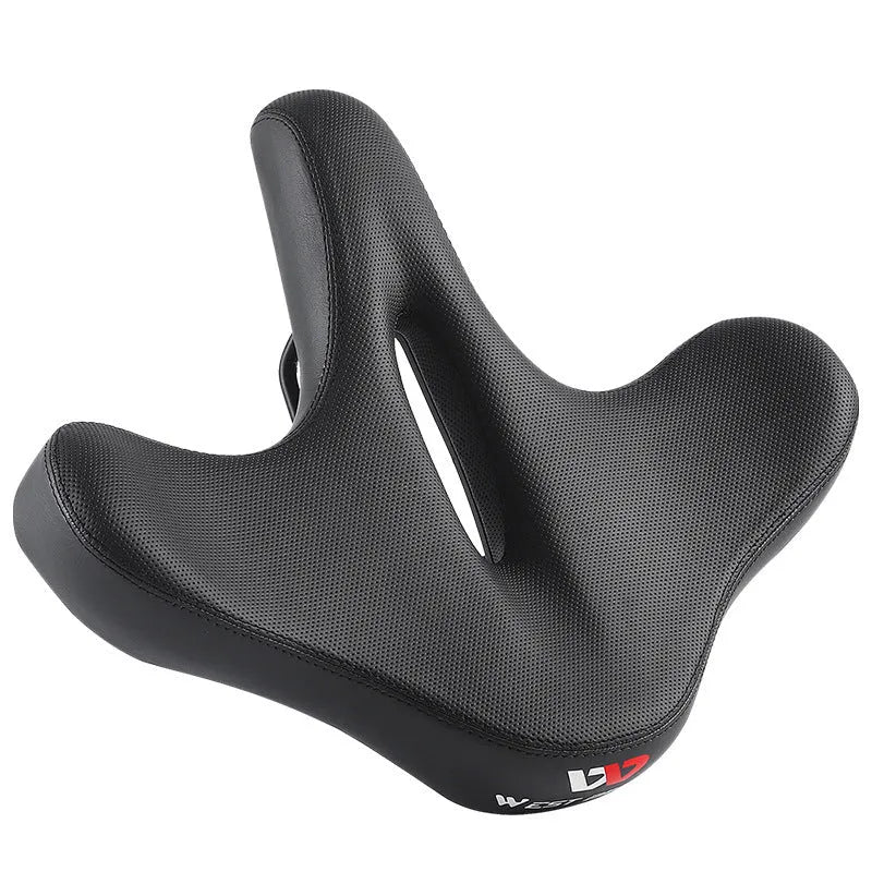 Black bicycle saddle cushion with leather exterior and thickened foam padding for shock absorption