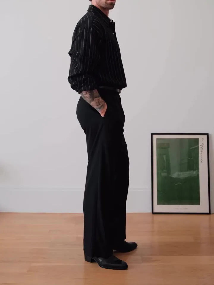 Black pinstriped polyester button-down shirt with regular fit and long sleeves