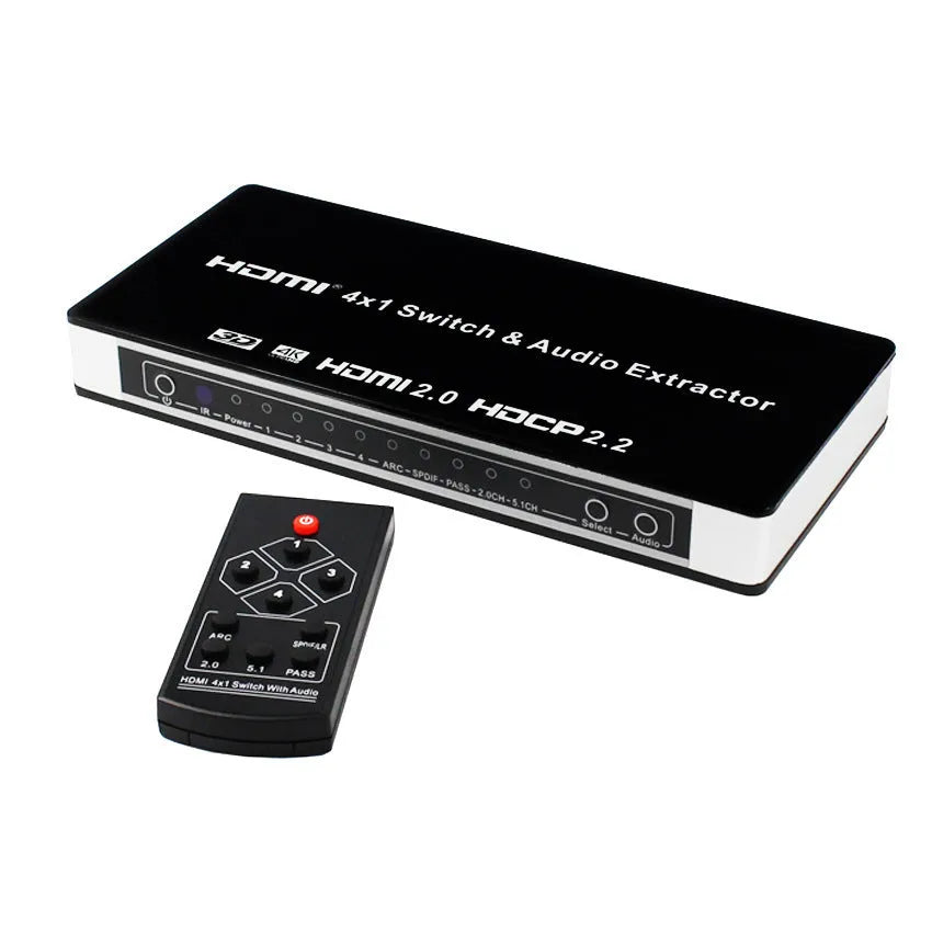 Black HDMI audio video switch with four input ports, one output port, remote control and power adapter