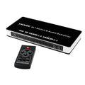 Black HDMI audio video switch with four input ports, one output port, remote control and power adapter