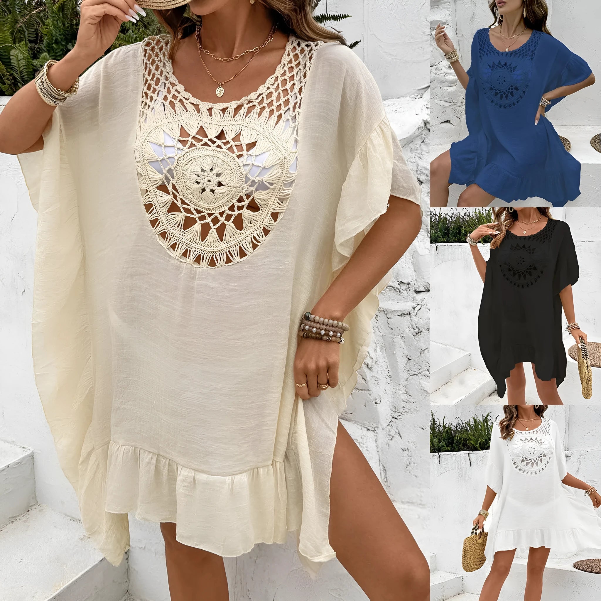 Women's apricot crochet stitch beach dress with patchwork skirt and tassel detail.