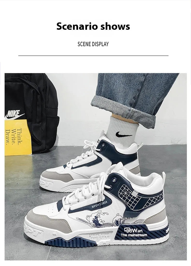 Men's high-top casual board shoes in beige, white, and blue colour options showing lace-up design