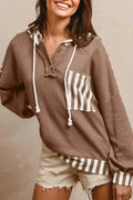 Straw yellow waffle texture hoodie with striped patchwork design and button neck