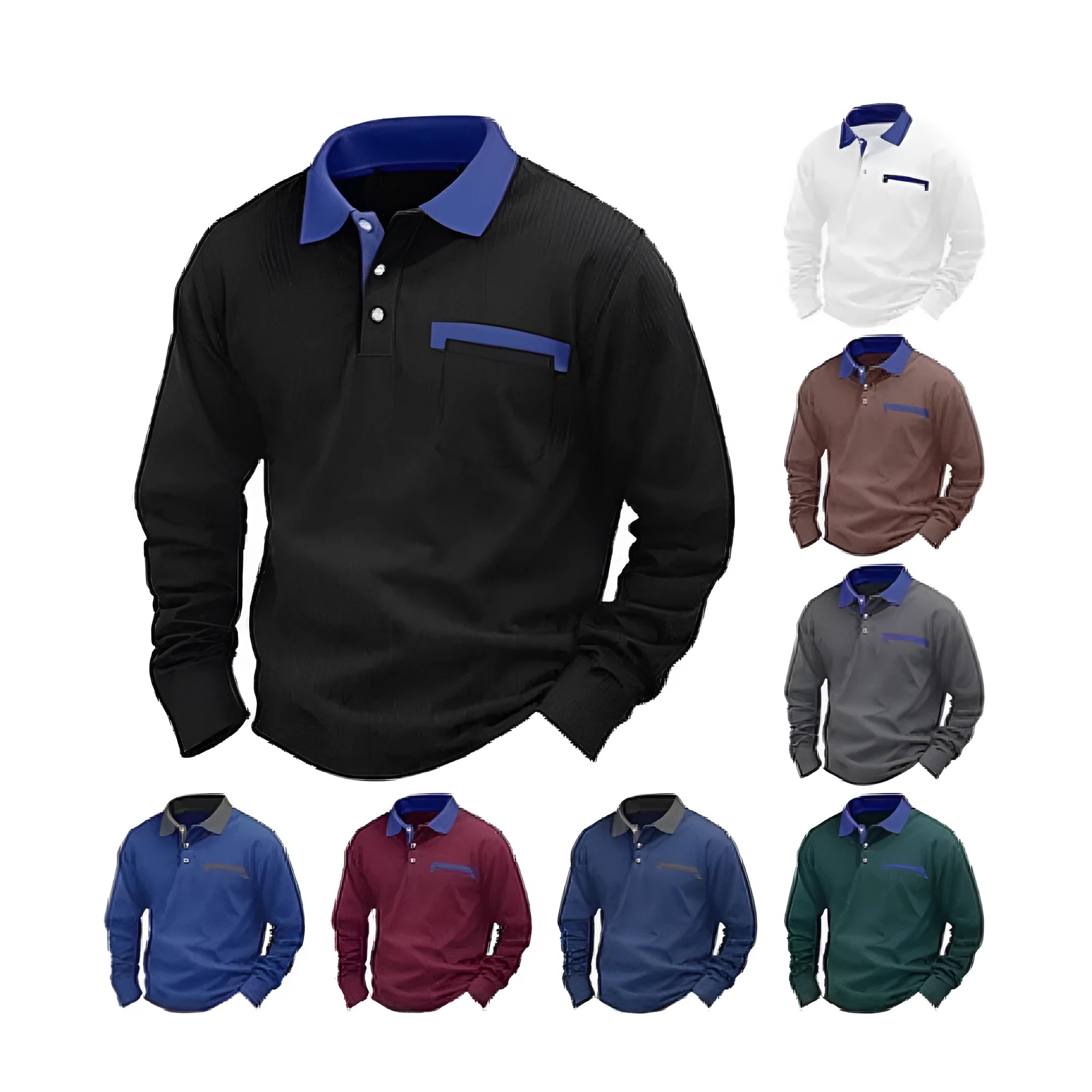 Man wearing a long-sleeved waffle-knit polo shirt in an asymmetric design, shown in a solid colour.