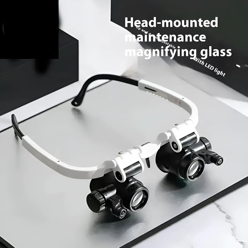 White head-mounted magnifying glass with LED light, shown both unfolded and folded for clock repair work.
