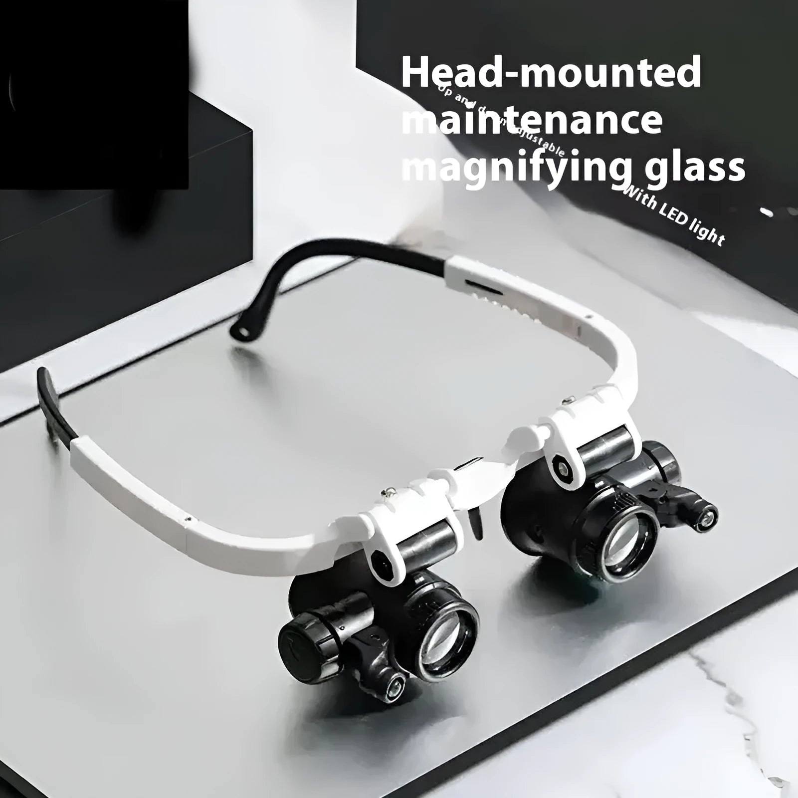 White head-mounted magnifying glass with LED light, shown both unfolded and folded for clock repair work.
