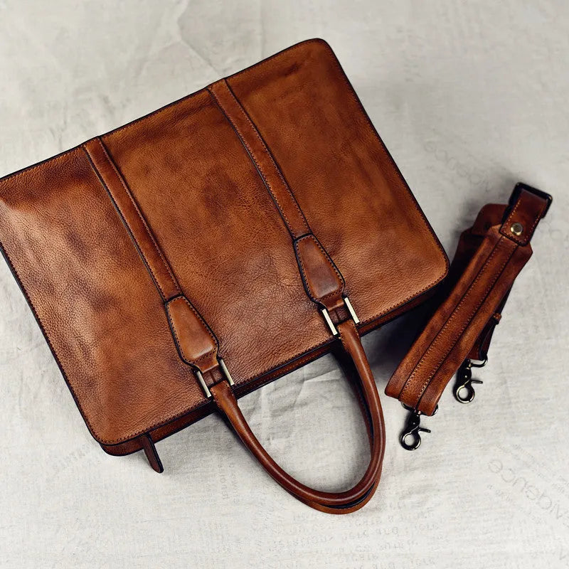 Men's 14-inch horizontal leather handbag in khaki vegetable tanned cowhide with zipper
