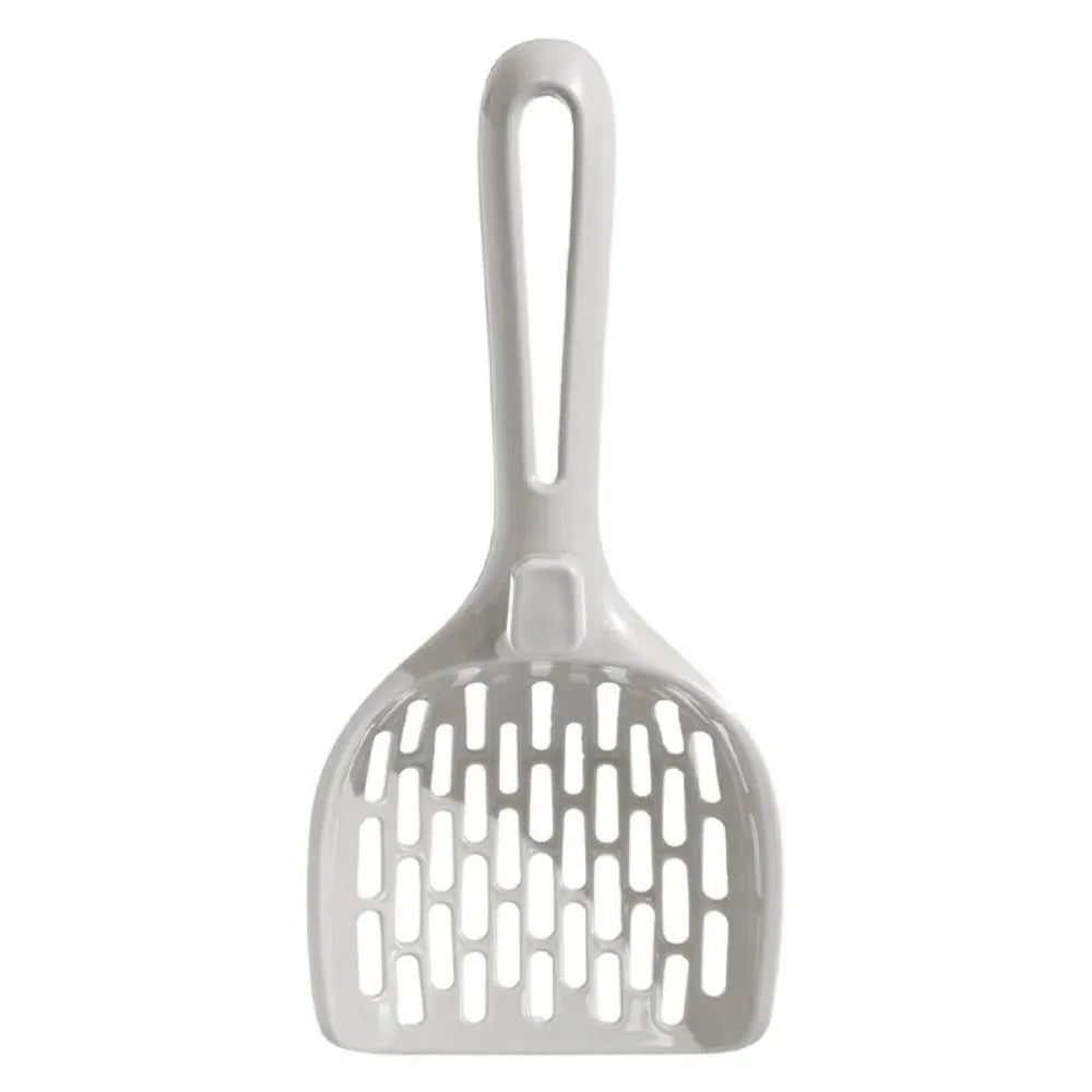 Grey plastic cat litter scoop with a built-in self-cleaning base and removable waste tray.
