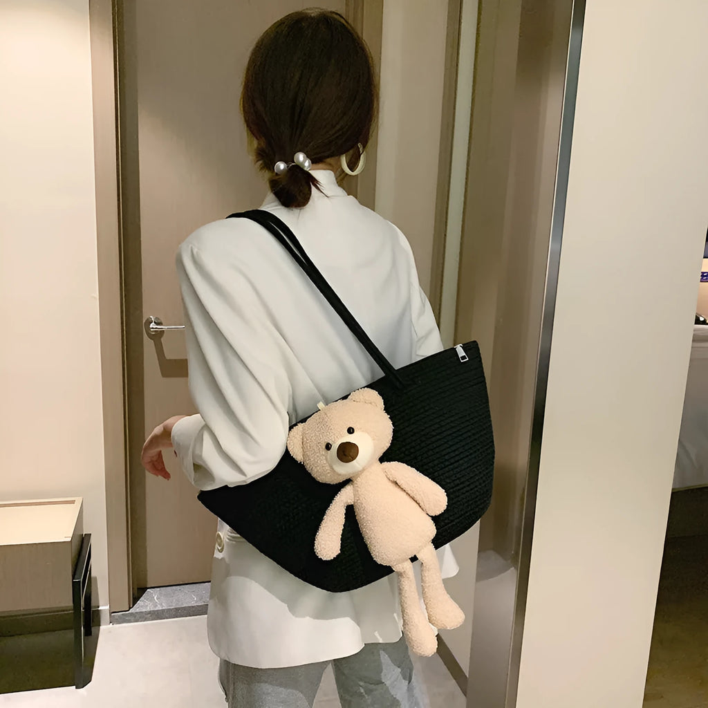 Woven cotton linen dumpling-shaped bag with three-dimensional pocket and double shoulder straps