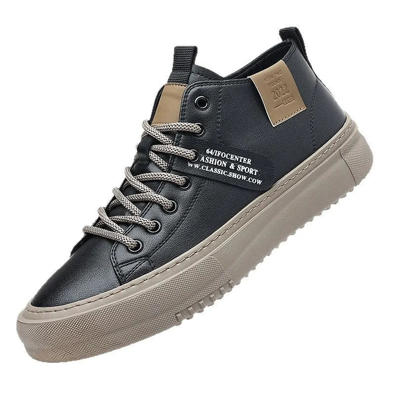 Men's sports casual leather white shoes with round toe, front lace-up, and rubber sole, mid-top design