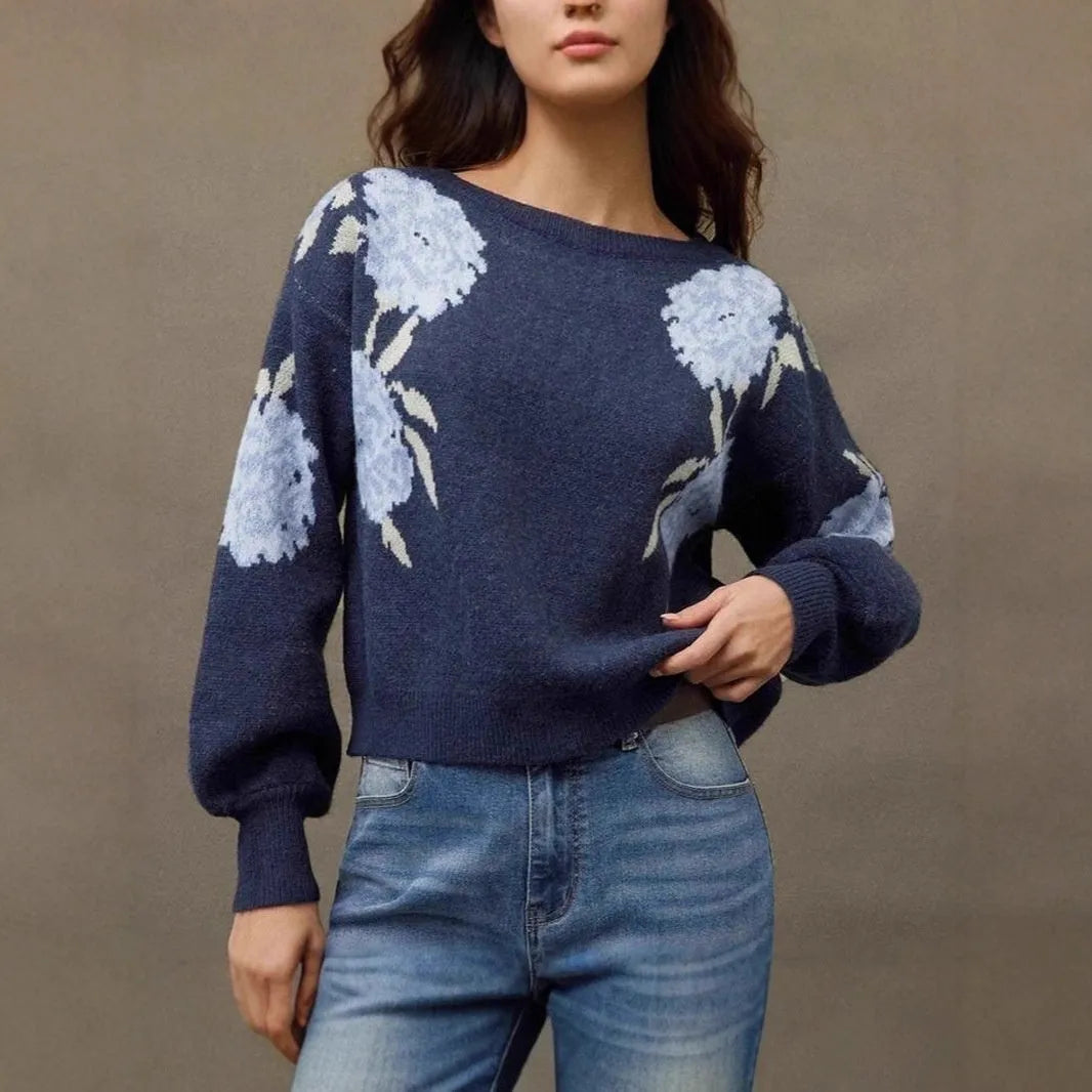 Sapphire Blue women's pullover with off-neck design and floral jacquard pattern in loose street style