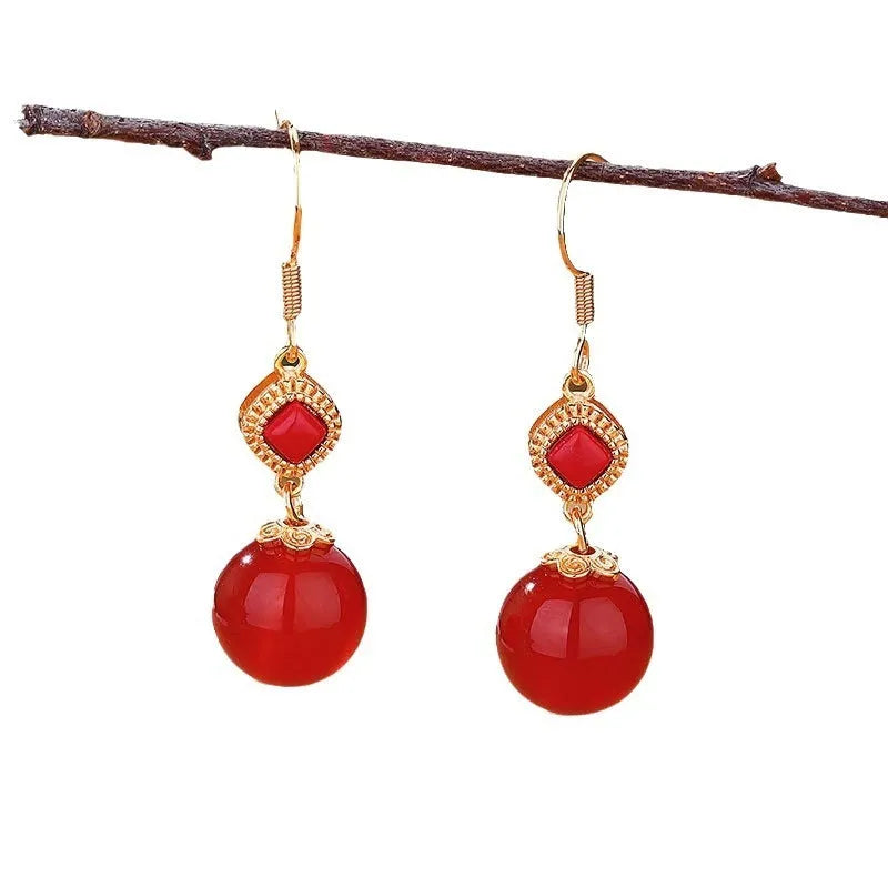 Geometric agate earrings with Southern Red Agate round beads and S925 silver inlay on copper alloy.